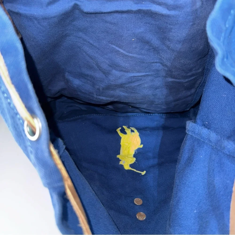 Vtg Polo Ralph‎ Lauren Blue Backpack Embroidered Yellow Pony Logo Canvas Leather